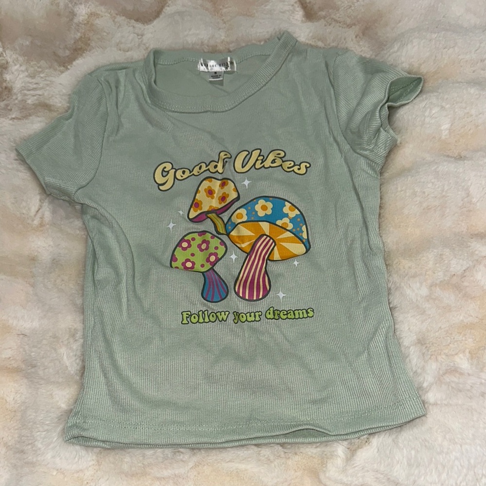 Green Graphic Tee with Mushroom Design